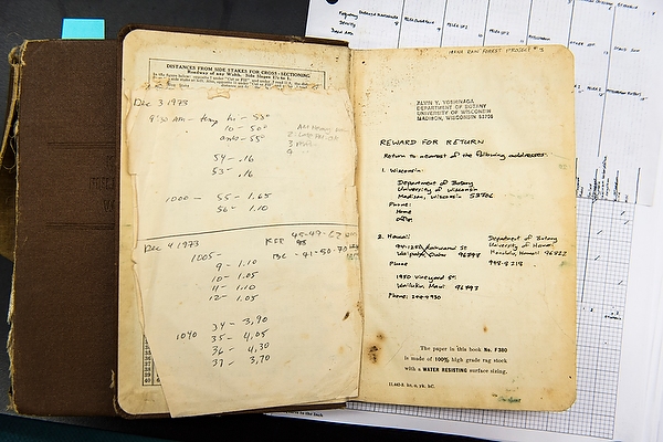 A 1973 research field notebook by Alvin Yoshinaga is pictured in a paleoecology lab in Birge Hall at the University of Wisconsin-Madison on Nov. 10, 2014. The field notes detail Hana Rain Forest research conducted by Yoshinaga, who completed his master's of science degree at UW-Madison in 1977. Yoshinaga is now a retired researcher at the University of Hawai'i-Manoa. (Photo by Jeff Miller/UW-Madison)